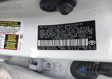 2016 Toyota Corolla Le from USA, damaged, VIN 5YFBURHE7GP458703